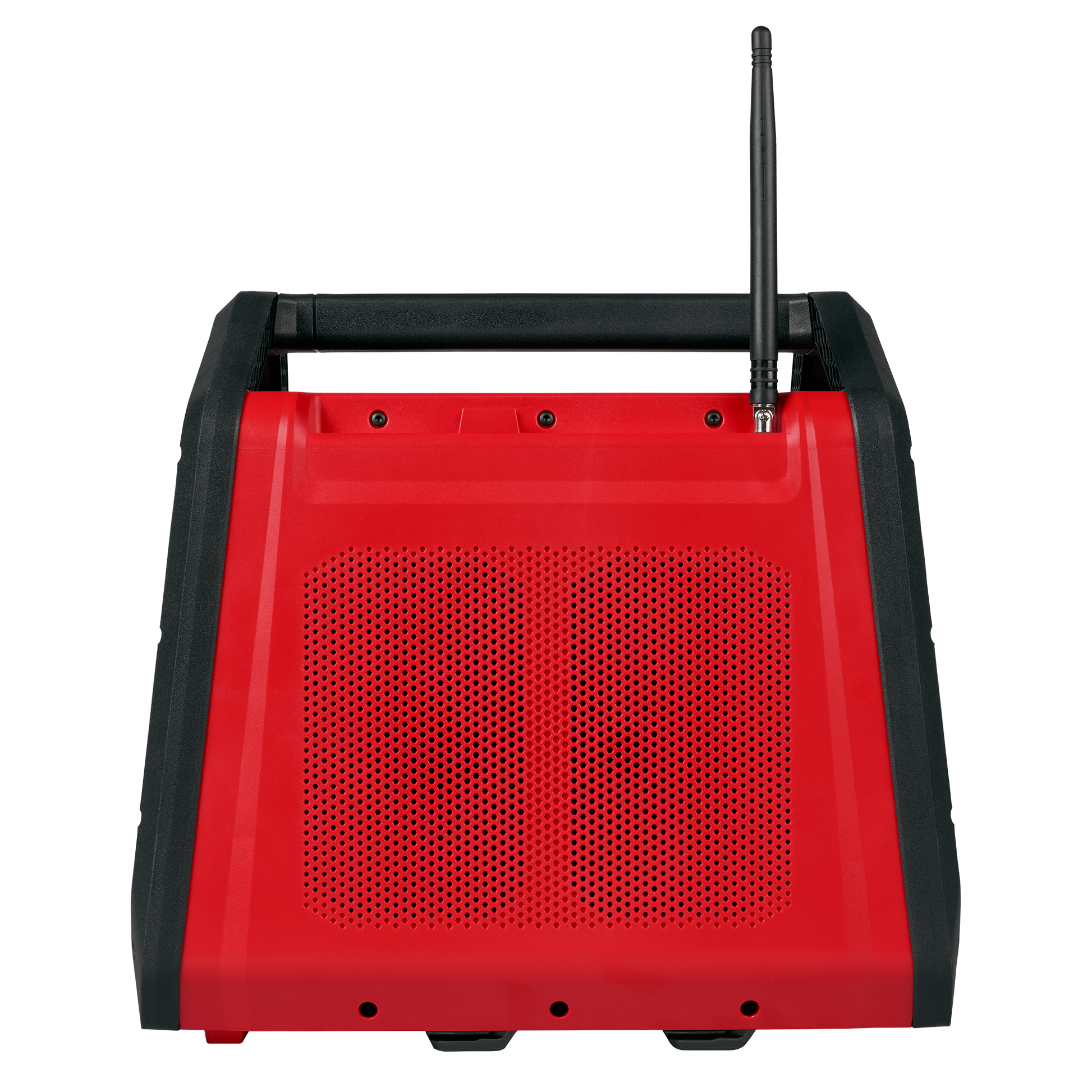 Red and black jobsite radio with perforated speaker grille, sturdy handle, and antenna, part of tool accessories and jobsite radios at Hartville Hardware.