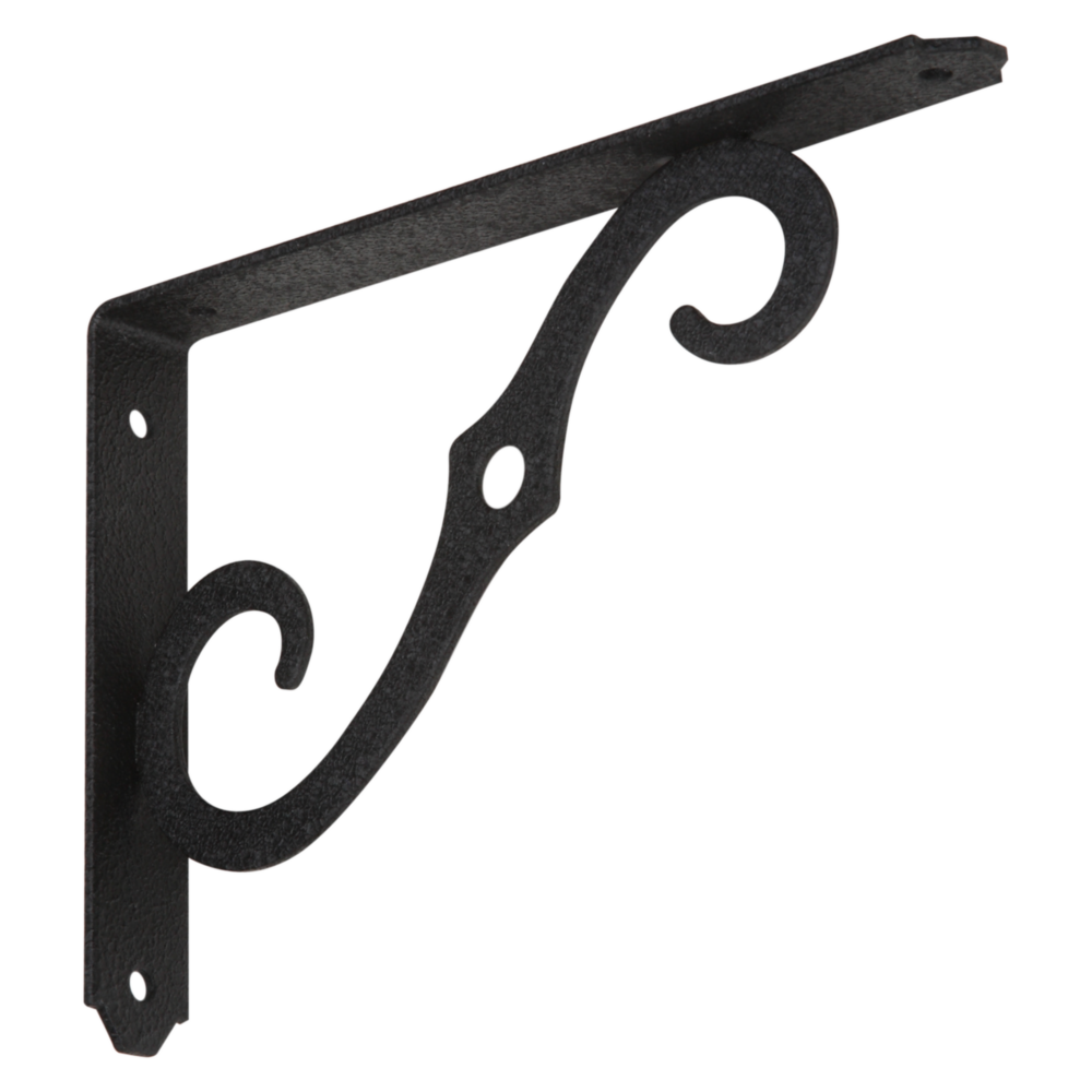 Black ornamental steel shelf bracket with decorative scroll design for shelving and plant hanging in home improvement projects