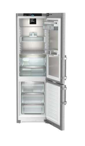 Open freestanding refrigerator and freezer with multiple adjustable shelves and clear storage bins in Appliances collection