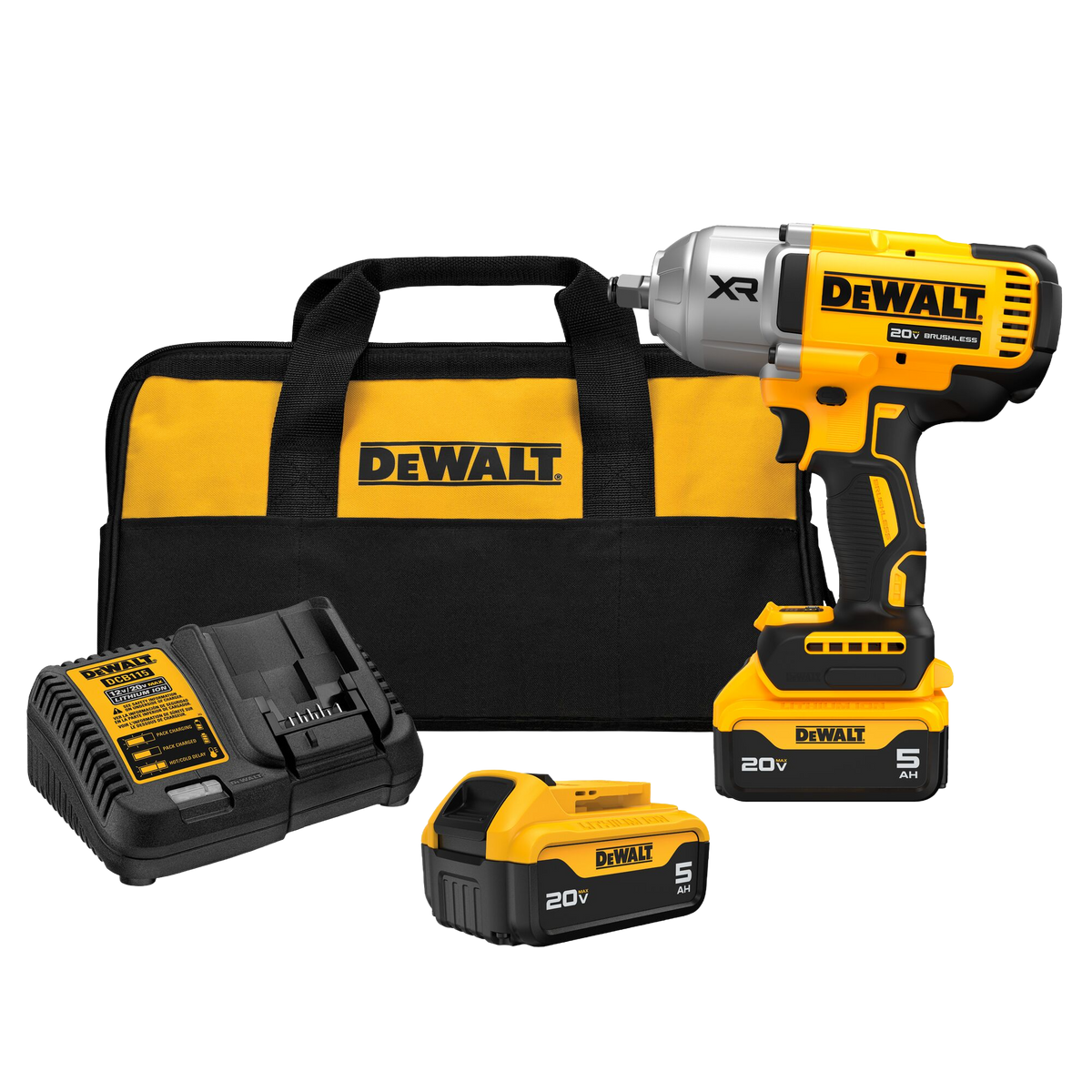 DEWALT 20V MAX* XR® 1/2" High Torque Impact Wrench With Hog Ring Anvil Kit w/(2) 5.0 Ah Batteries & Charger Kit