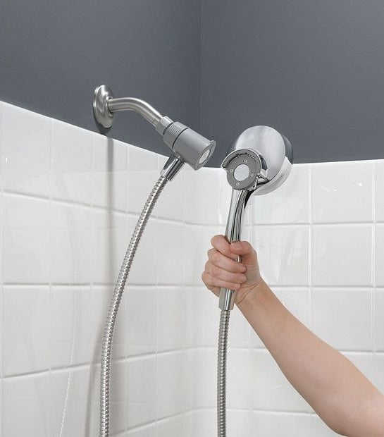 Handheld chrome showerhead with flexible hose and adjustable spray settings for home improvement and bathroom use