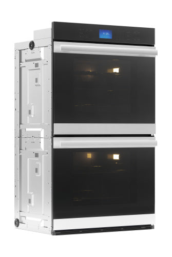 Built-in electric double wall oven with true convection, edge-to-edge black glass, and stainless steel handles in Appliances collection