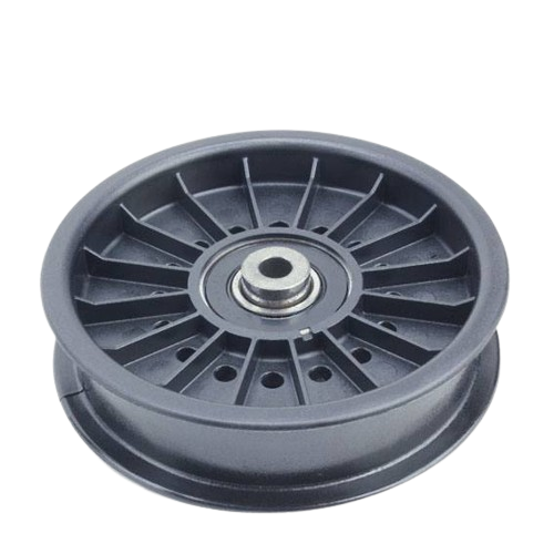 Black traction drive pulley with metal bearing center for use in tools and home improvement applications