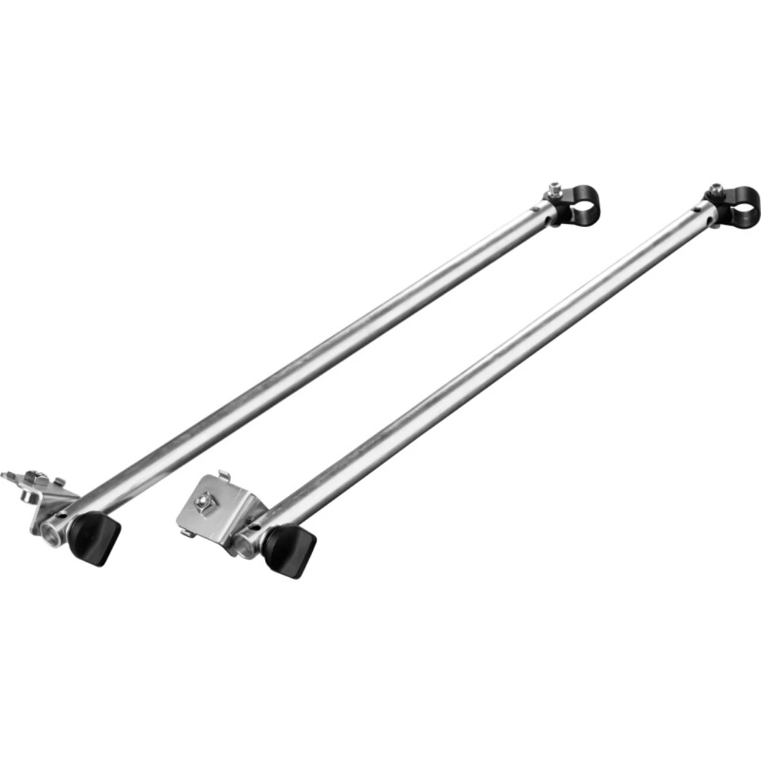 Pair of metal cross members with adjustable clamps for woodworking tool accessories and dust management systems