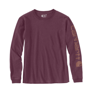 Women's loose fit long sleeve shirt in blackberry heather with Carhartt logo on sleeve for casual wear collections