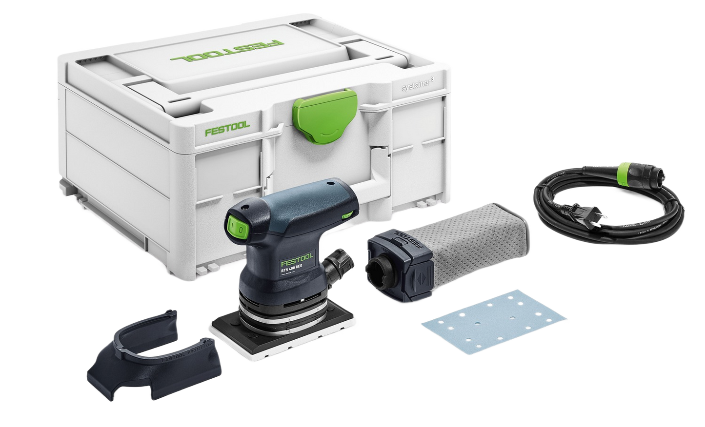 Compact orbital finish sander kit with dust collection, sanding pad, power cord, and sturdy storage case for home improvement tasks