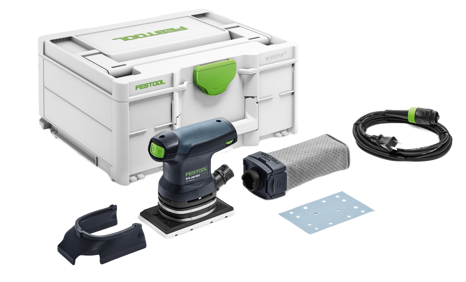 Compact orbital finish sander kit with dust collection, sanding pad, power cord, and sturdy storage case for home improvement tasks