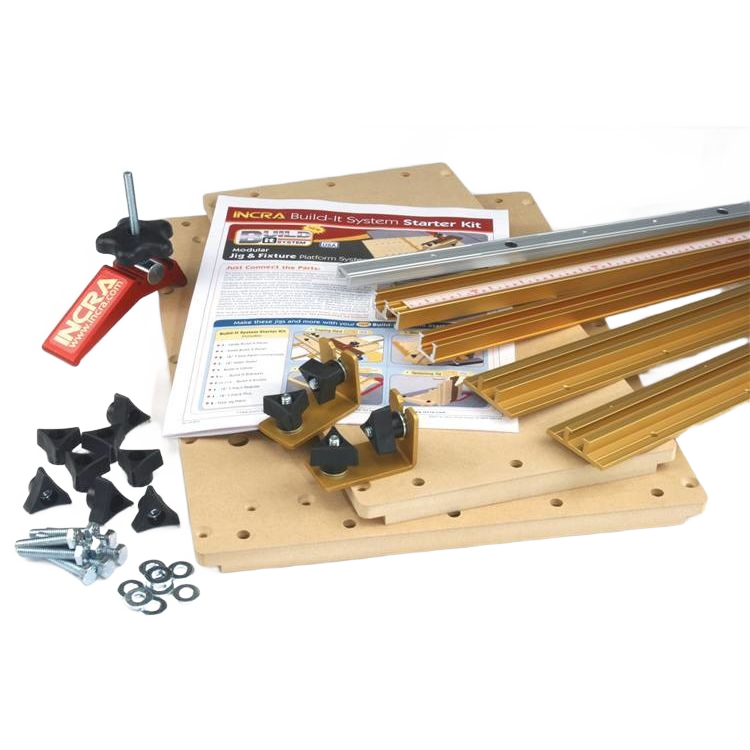 Woodworking hand tools and measuring components kit with aluminum tracks, clamps, and hardware for precise jig building projects
