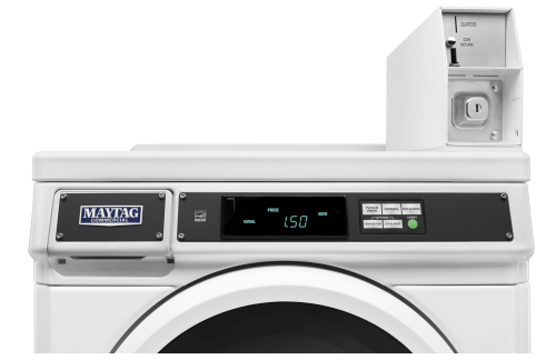 White commercial front-load washer with coin-operated timer and digital display from washers and appliances collection