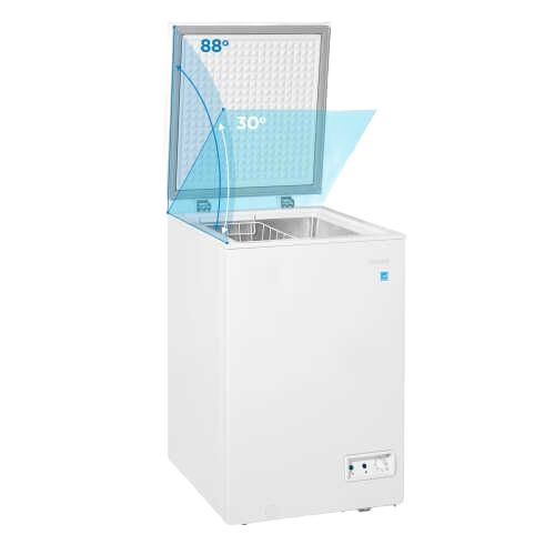 White chest freezer from Freezers & Ice Makers collection showing lid open angles with front control panel and basket inside