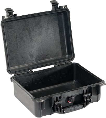 Black durable protective case with secure latches and handle for storage in dorm and organization collections