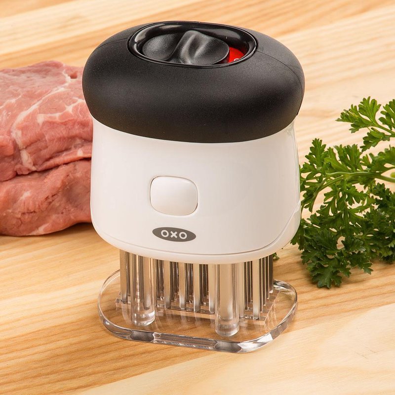 Compact white and black meat tenderizer with sharp blades and safety cover for kitchen utensils under $50 collections
