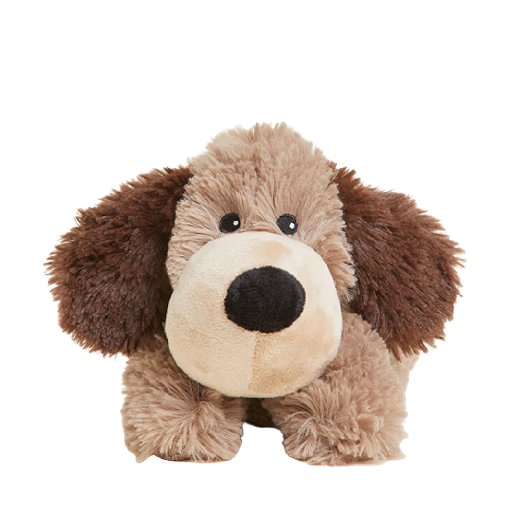 Soft brown plush dog with darker ears designed as a microwavable toy in the dolls and stuffed animals collection