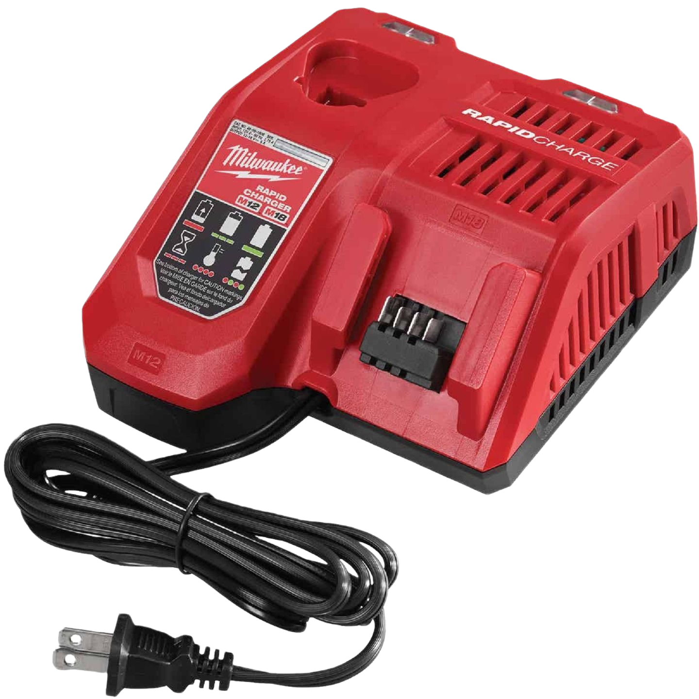 Red Milwaukee rapid charger for M18 and M12 batteries with ventilation and power cord for tool accessories collection