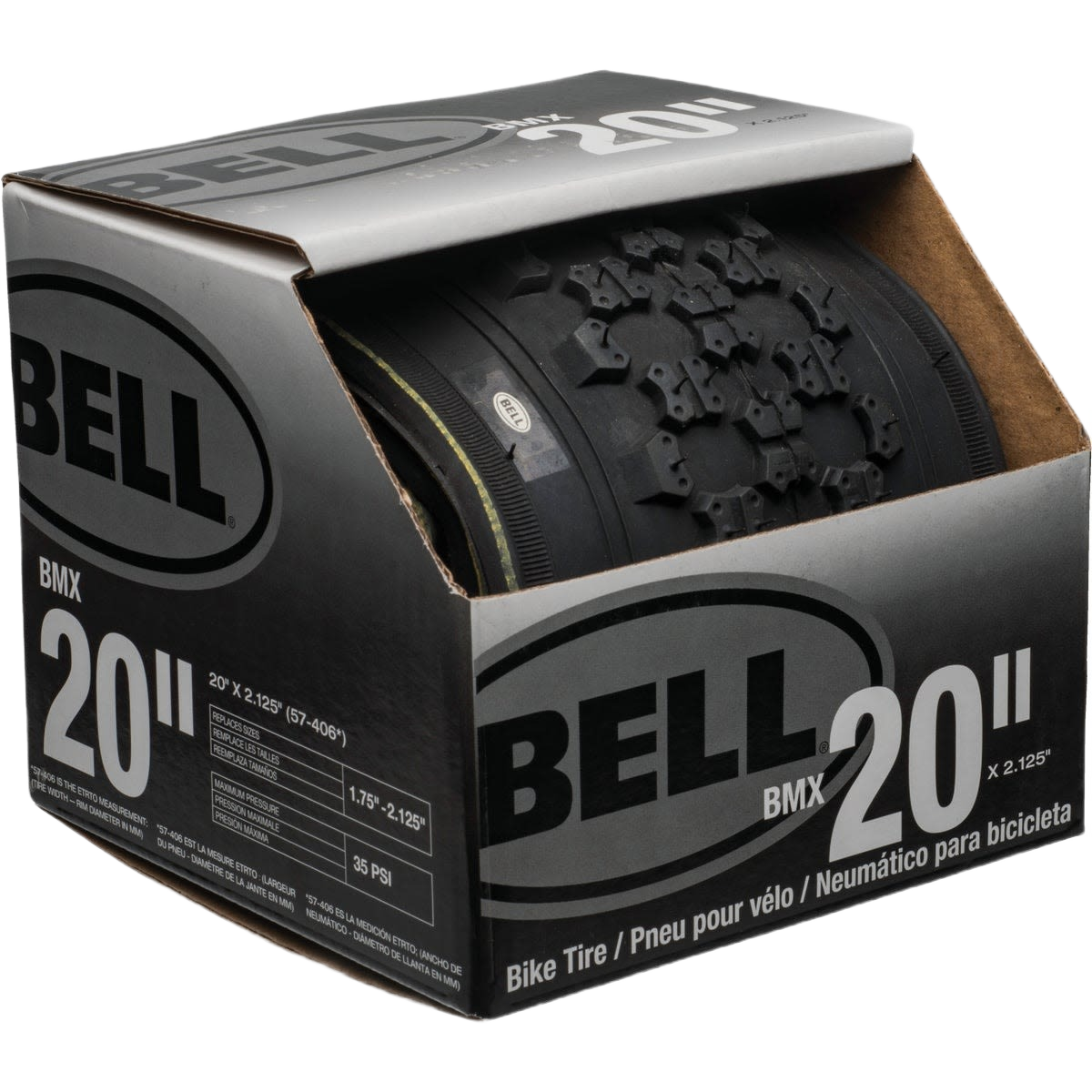 BMX bicycle tire partially visible inside gray and black Bell branded packaging for home improvement and tools use