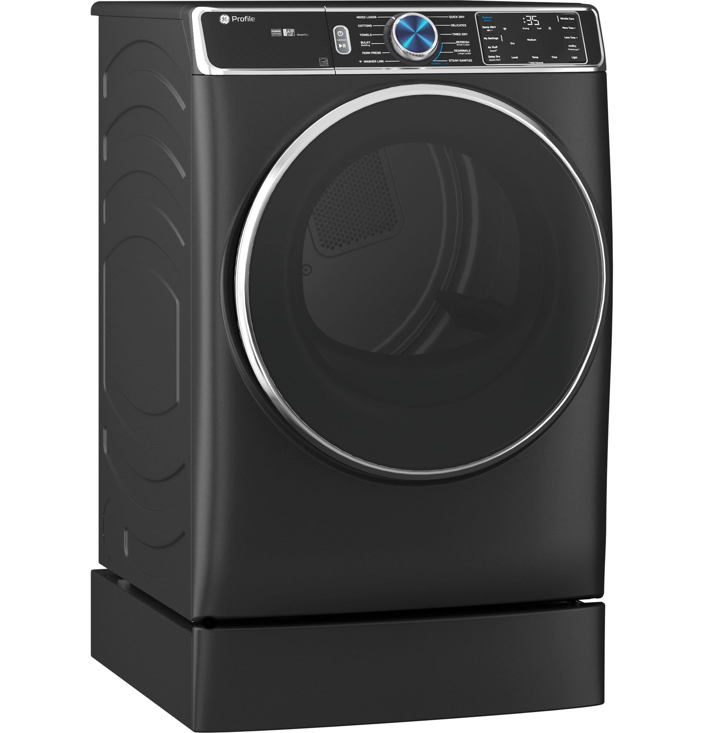 Black front load dryer on a riser base with digital control panel in appliance parts and accessories collection