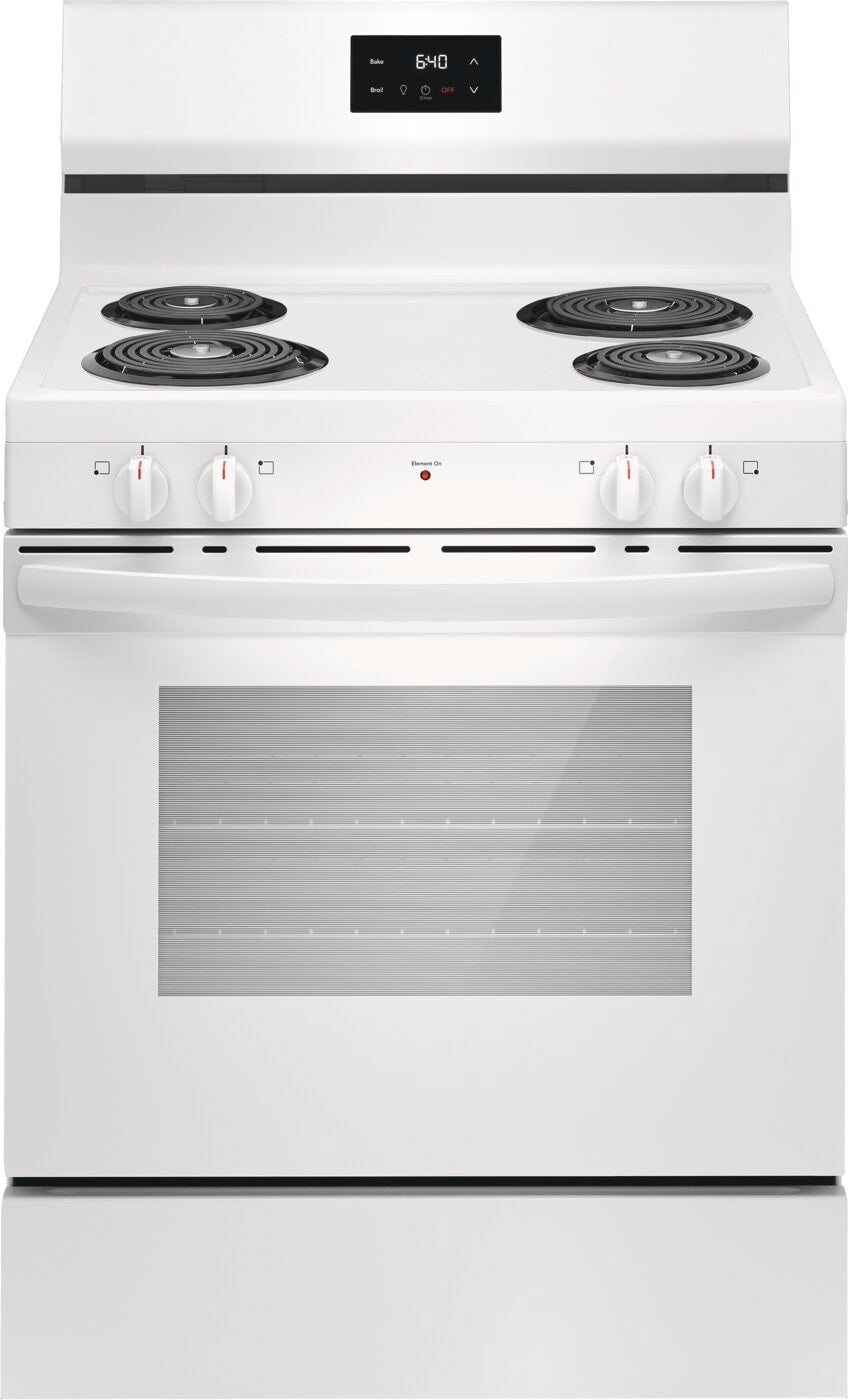 White freestanding electric range with four coil burners, digital clock, and control knobs from Ranges & Cooktops collection