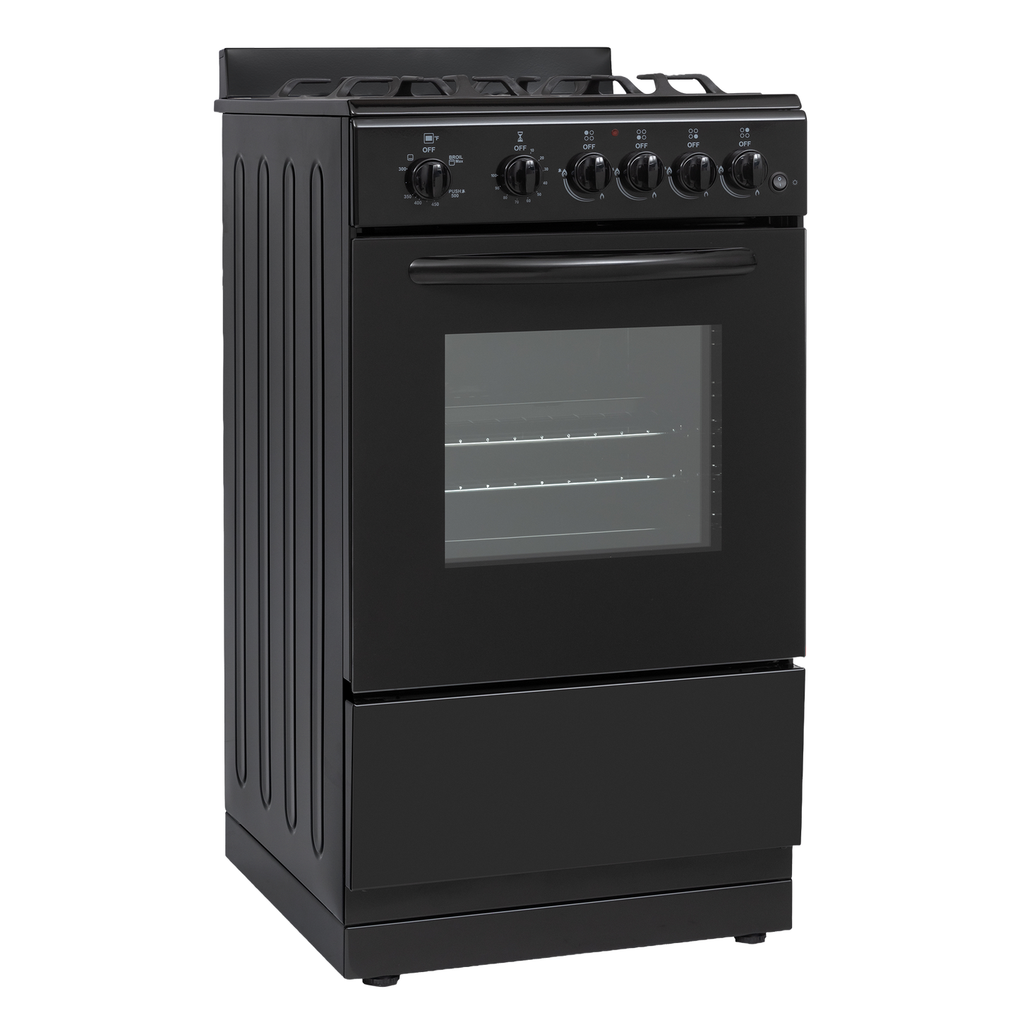 Compact black gas range with four burners, oven window, and control knobs for kitchen and home improvement use