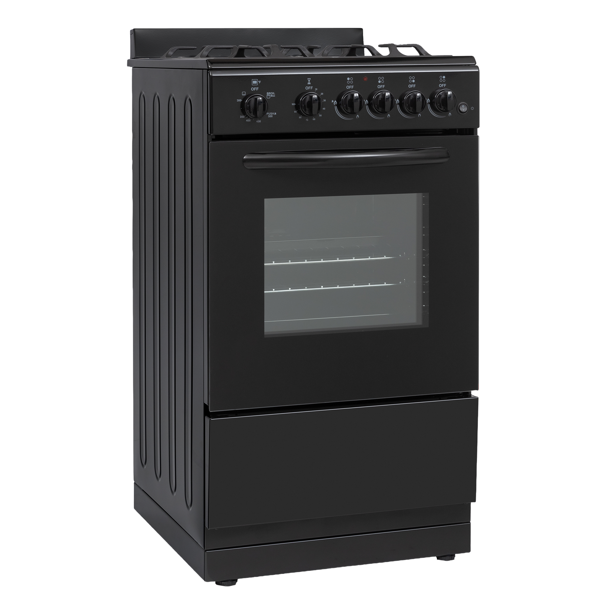 Compact black gas range with four burners, oven window, and control knobs for kitchen and home improvement use