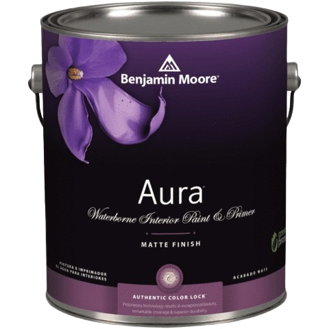 1-gallon can of Benjamin Moore Aura matte finish waterborne interior paint and primer in purple packaging for home improvement