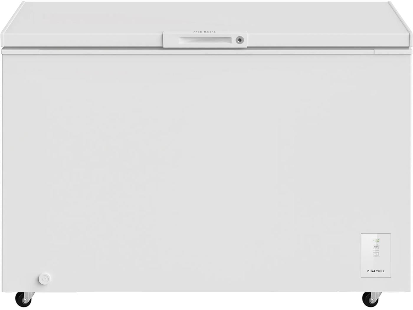 White chest freezer with smooth finish, top lid, lock, and control panel, ideal for Freezers & Ice Makers, Chest Freezers, and Appliances collections.