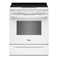 Front view of a white 30-inch electric smart range with control knobs and a large glass oven door, suitable for ranges, electric ranges, kitchen & kitchenware, appliances, and ranges & cooktops collections.