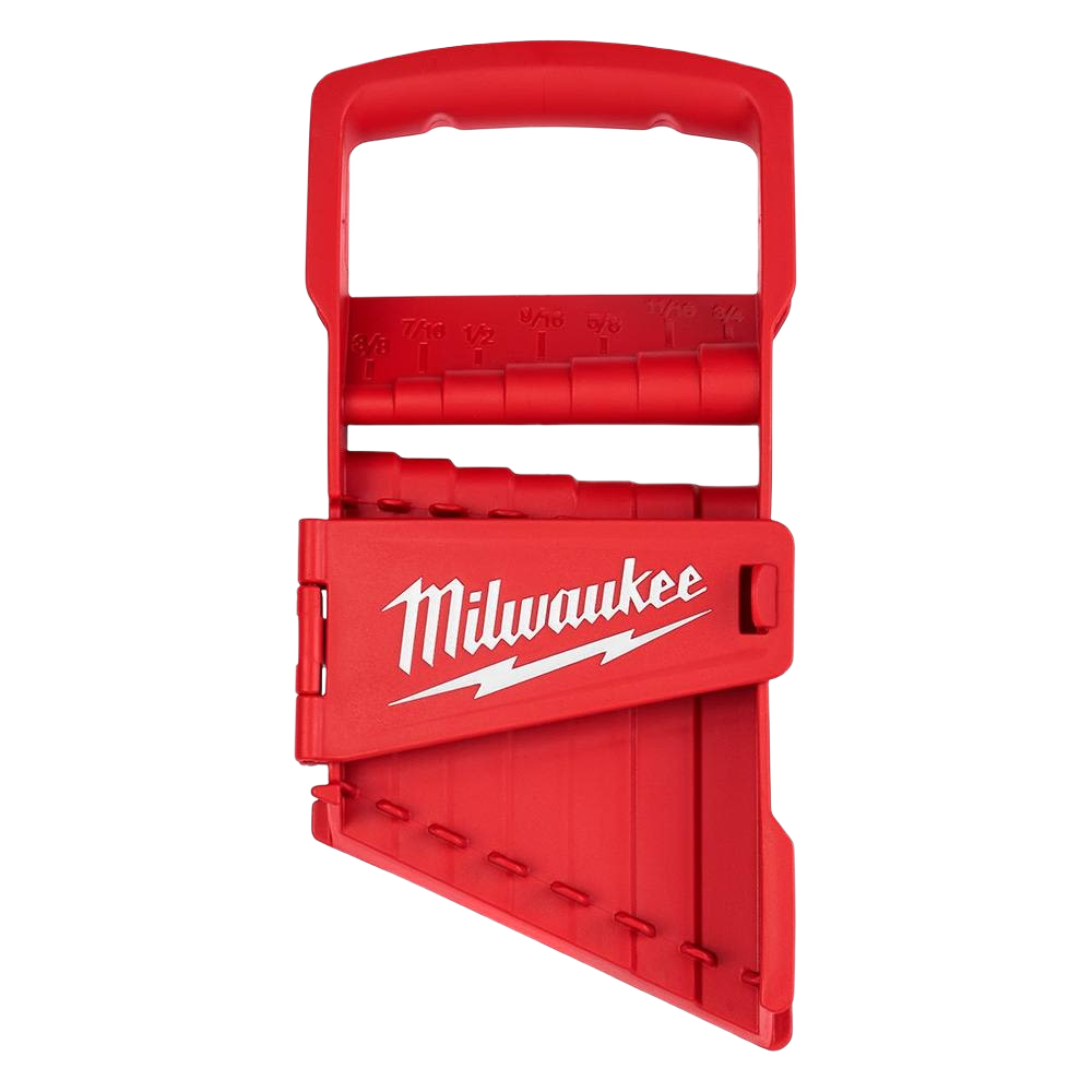 Red plastic organizer case with ergonomic handle for seven SAE flex head ratcheting combination wrenches