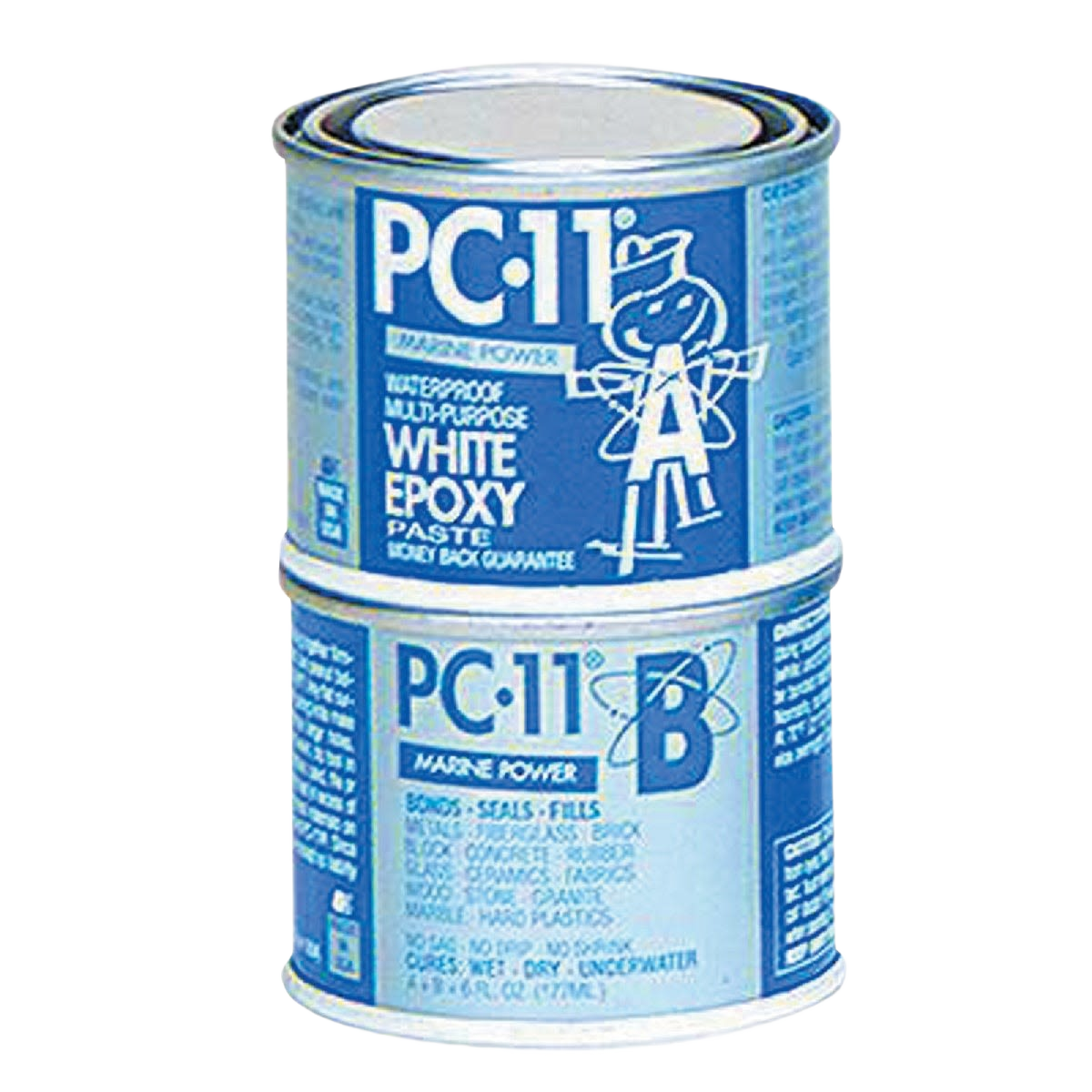Two stacked cans of PC-11 waterproof white epoxy paste for sealing and bonding in home improvement projects
