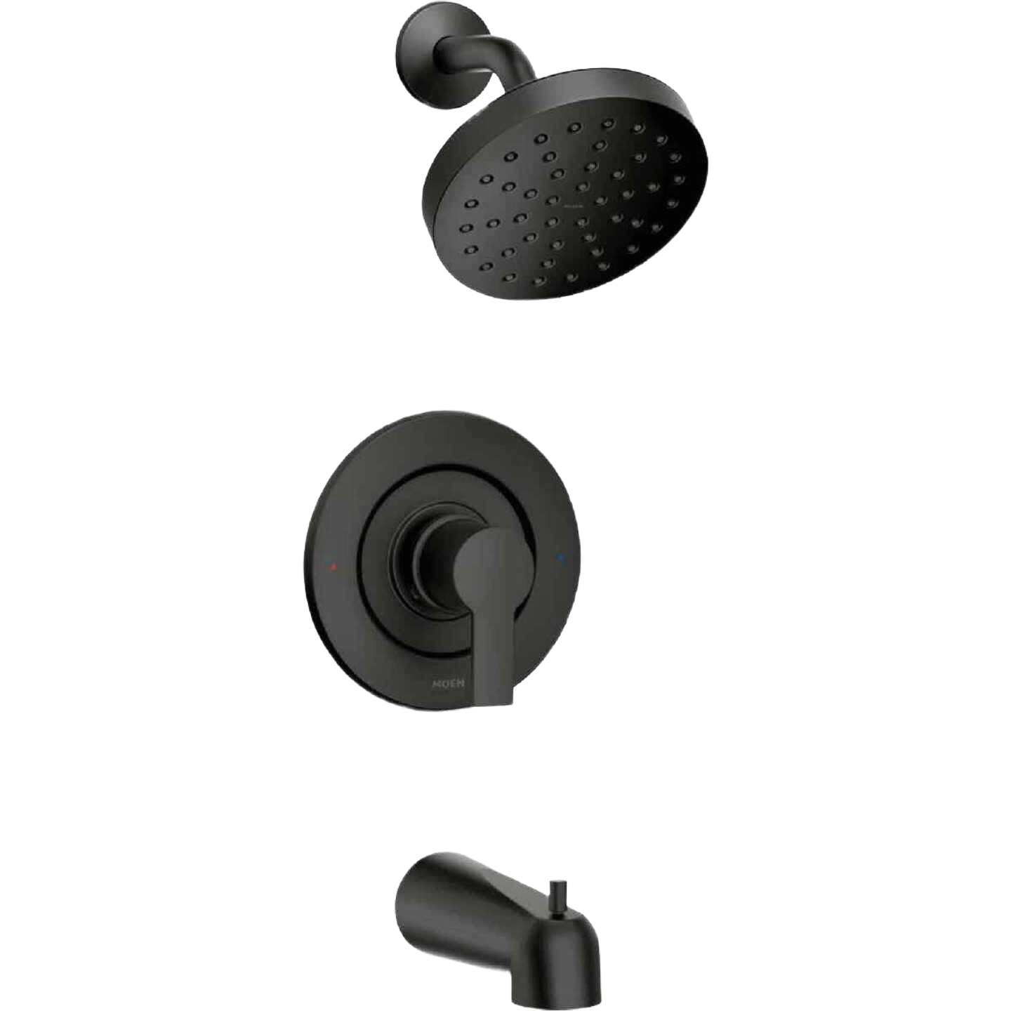 Matte black single-handle tub and shower trim with rain showerhead for modern bathroom faucets and bath fixtures