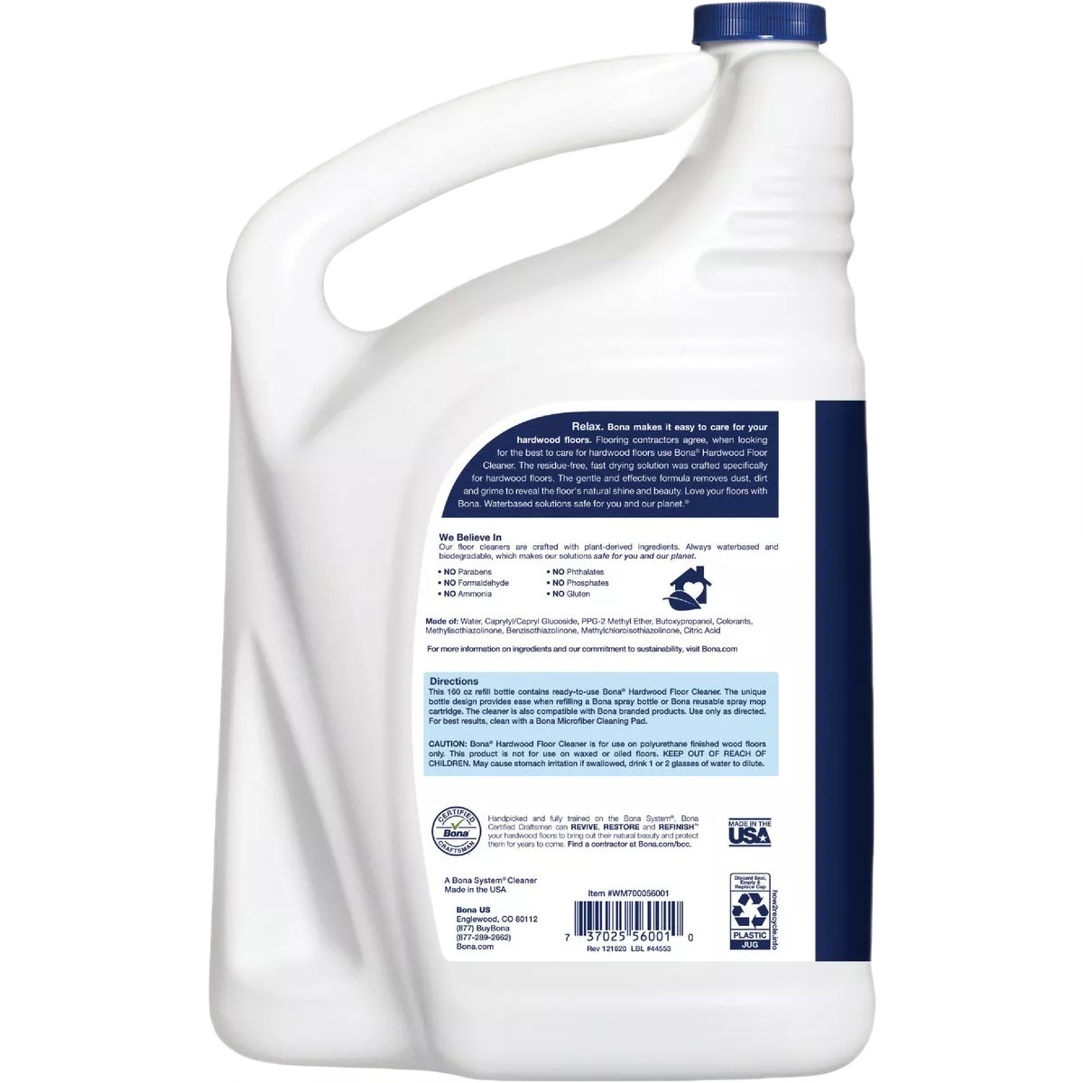 White plastic jug with blue cap showing back label of a hardwood floor cleaner for tools and home improvement uses