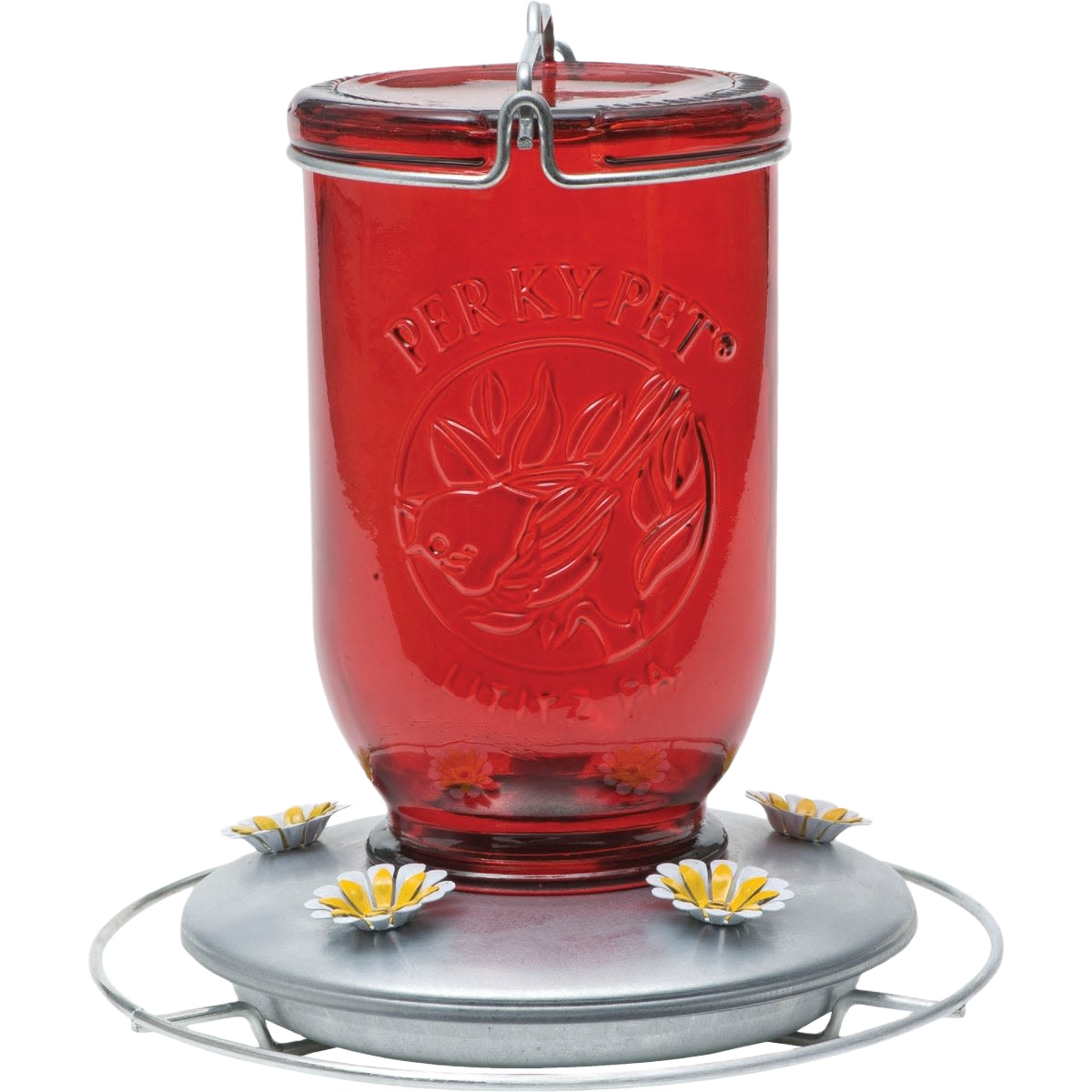 Red glass hummingbird feeder with metal base and flower-shaped feeding ports for outdoor garden use