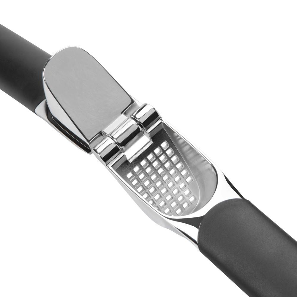 Garlic press with polished metal pressing chamber and soft black handles for kitchenware and home cooking tools under $50 collections