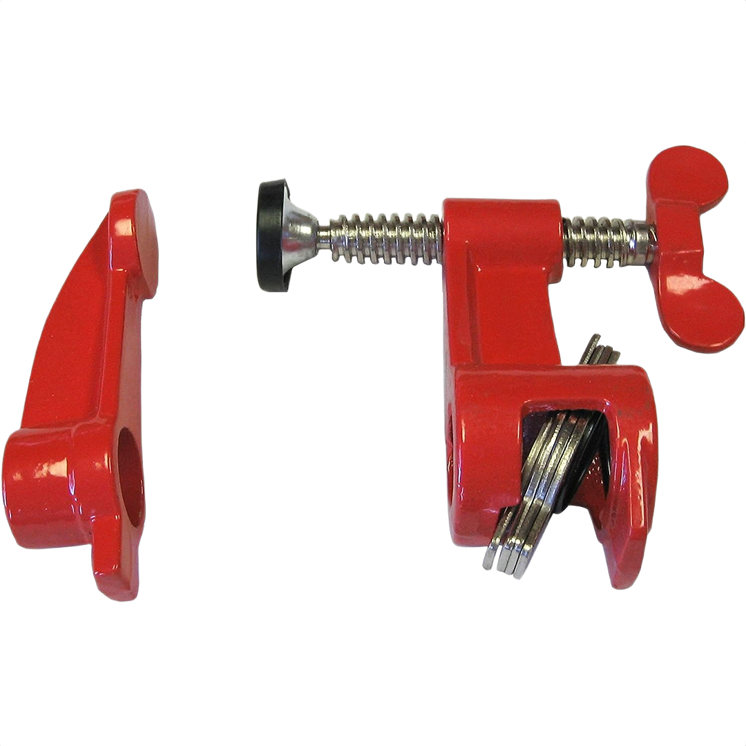 Red deep reach pipe clamp with steel screw mechanism and removable handle for precise home improvement tasks