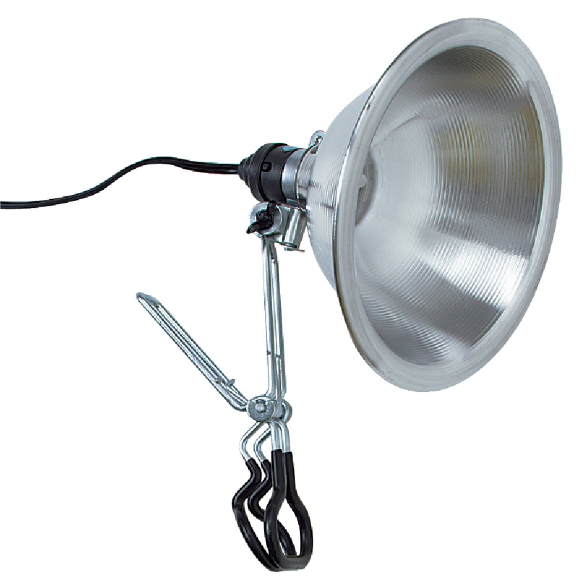 Heavy-duty clamp lamp with flexible 12-foot vinyl cord, metal reflector, ideal for lighting and electrical projects under $50.