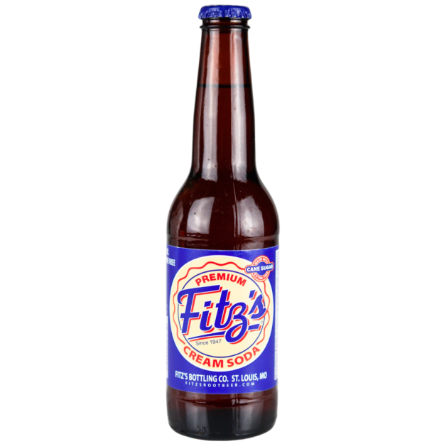 Glass bottle of Fitz's Cream Soda with blue and white vintage-style label and blue cap