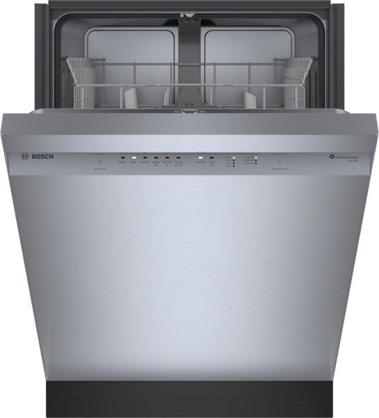 Open stainless steel dishwasher with control buttons and upper rack visible from Bosch Appliances collection