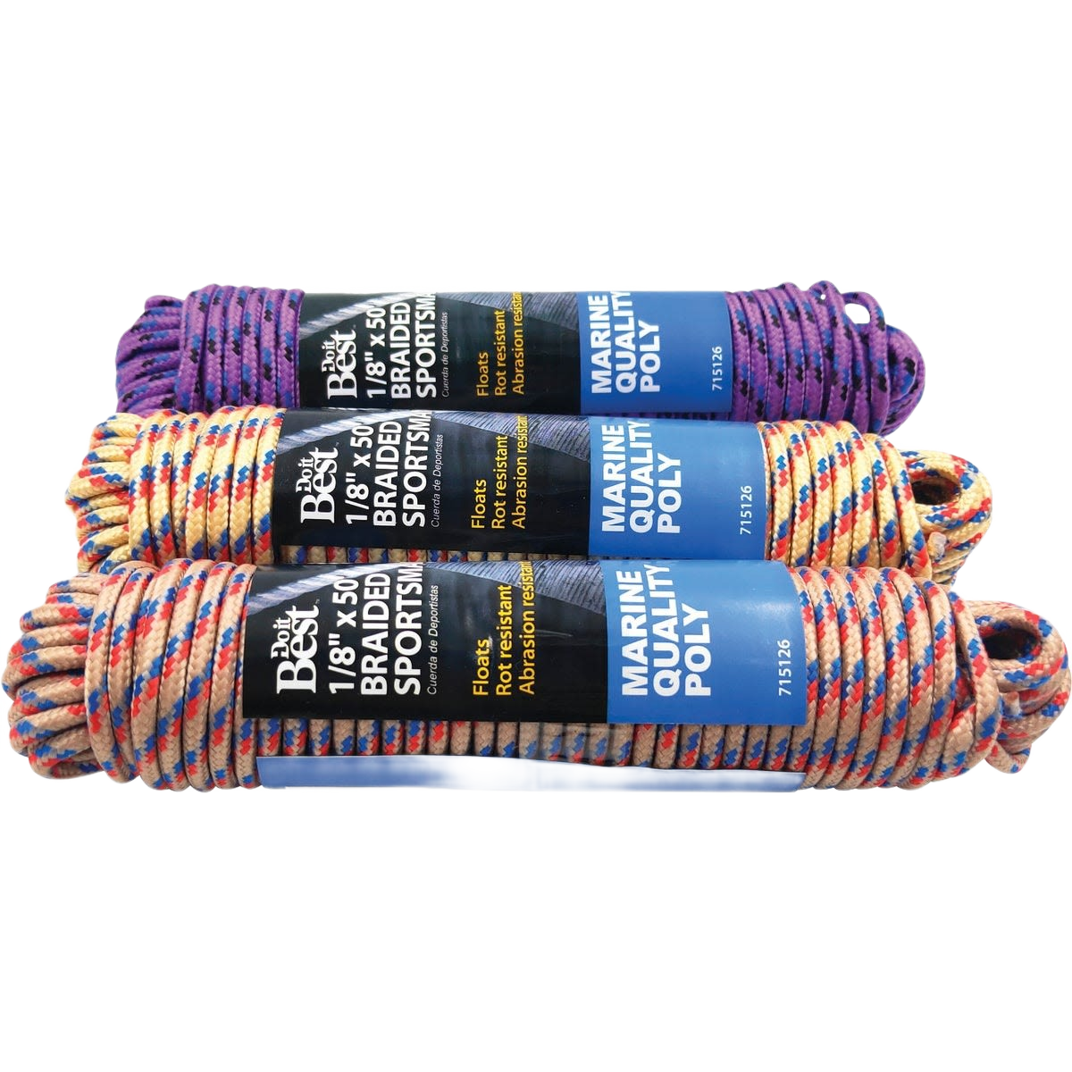 Three coils of assorted color braided polypropylene rope for versatile use in home improvement tasks