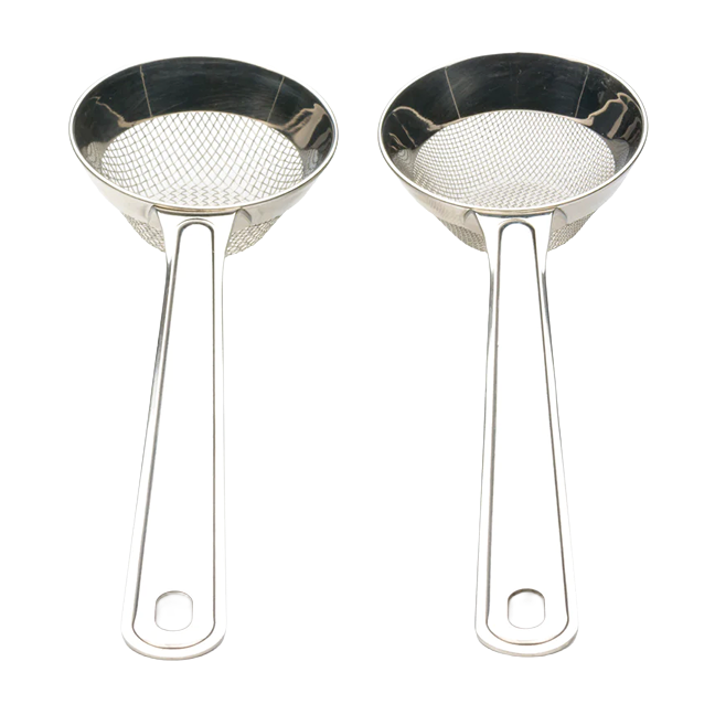 Two stainless steel mini sifters with fine and coarse mesh for kitchen gadgets and tools collection