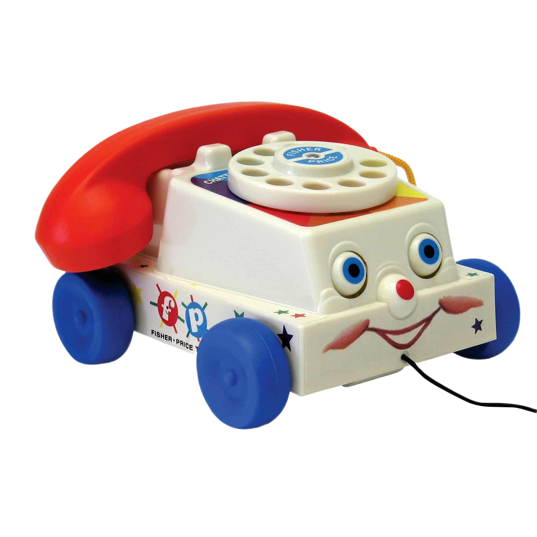 Vintage-style toy phone with red handset, blue wheels, and smiling face on white body for children’s play