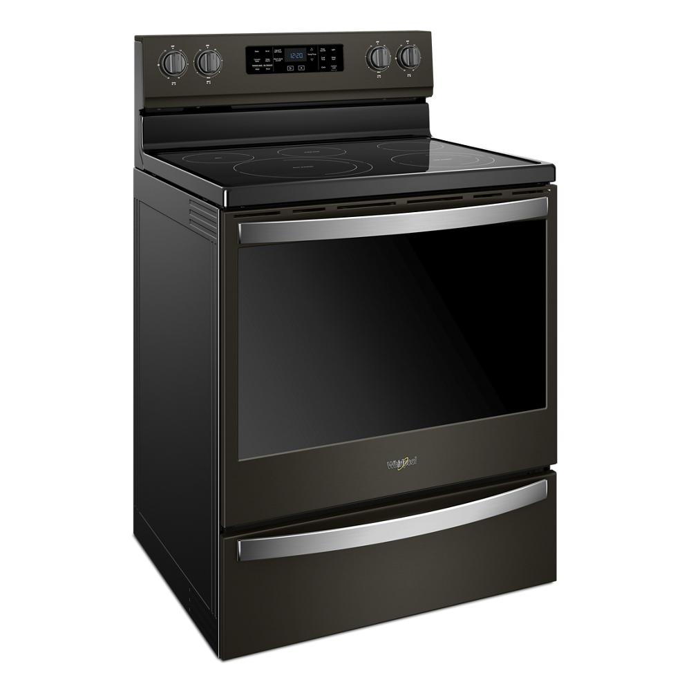 black freestanding electric range with smooth cooktop and digital control panel for kitchen and home improvement