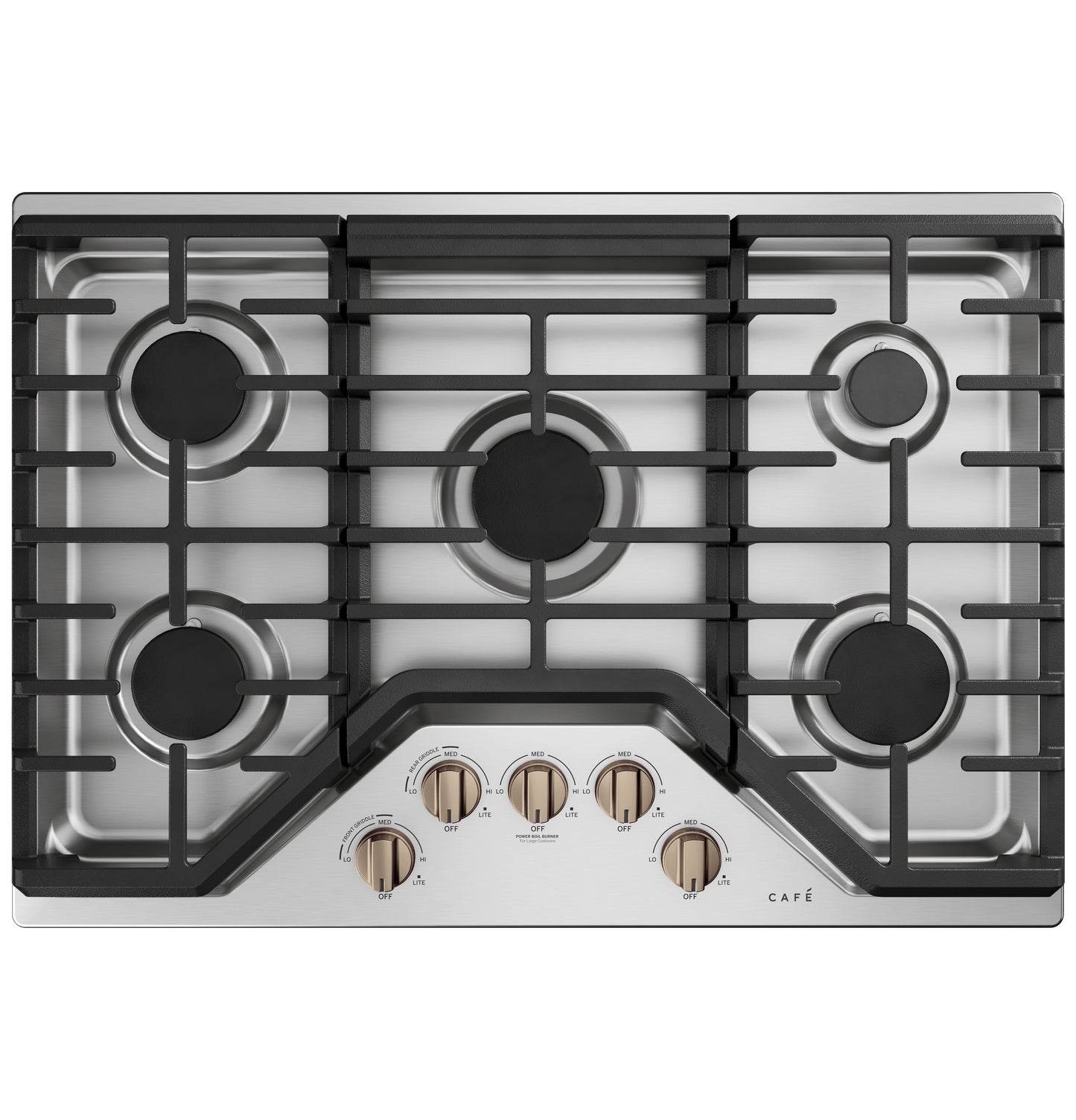 Stainless steel cooktop with five burners and bronze control knobs from cooktops and appliances collection.