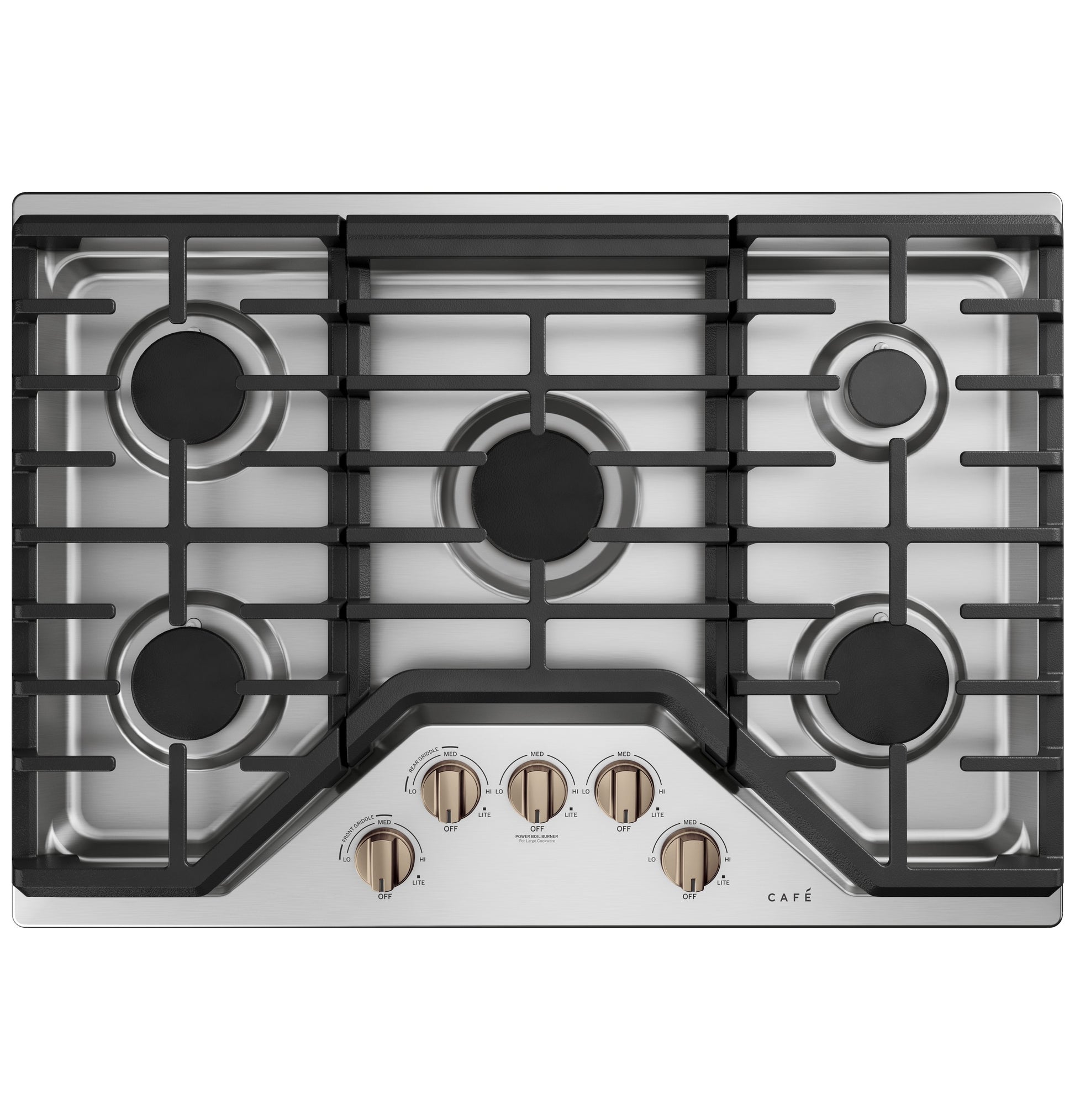 Stainless steel cooktop with five burners and bronze control knobs from cooktops and appliances collection.