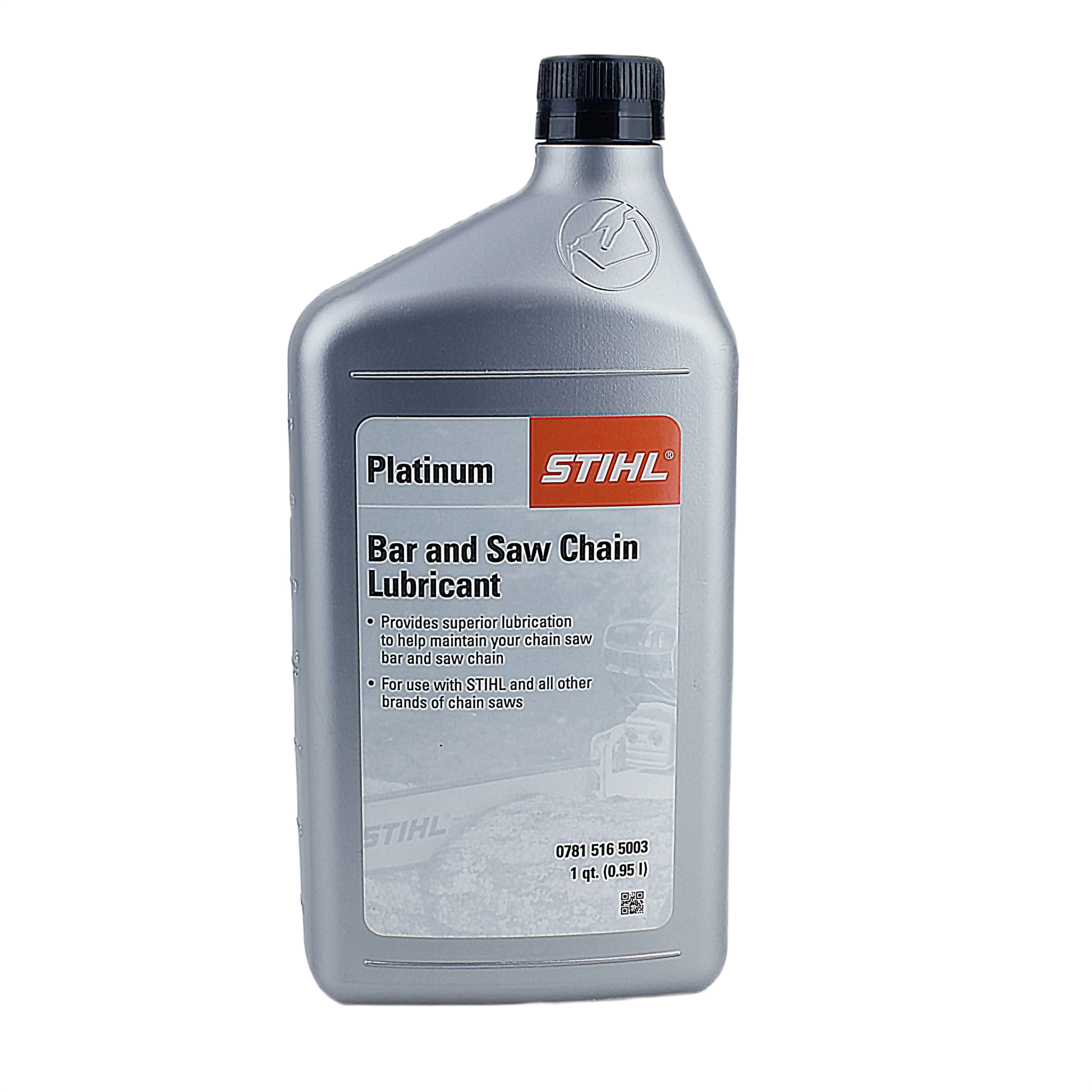 Gray 1-quart bottle of STIHL Platinum bar and chain oil lubricant for chainsaw maintenance and home improvement tasks