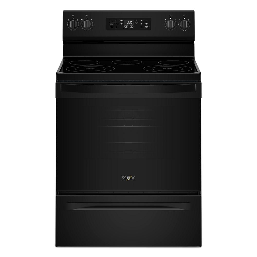 Black 30-inch electric range with air cooking technology, four burners, and digital control panel for kitchen appliances collections