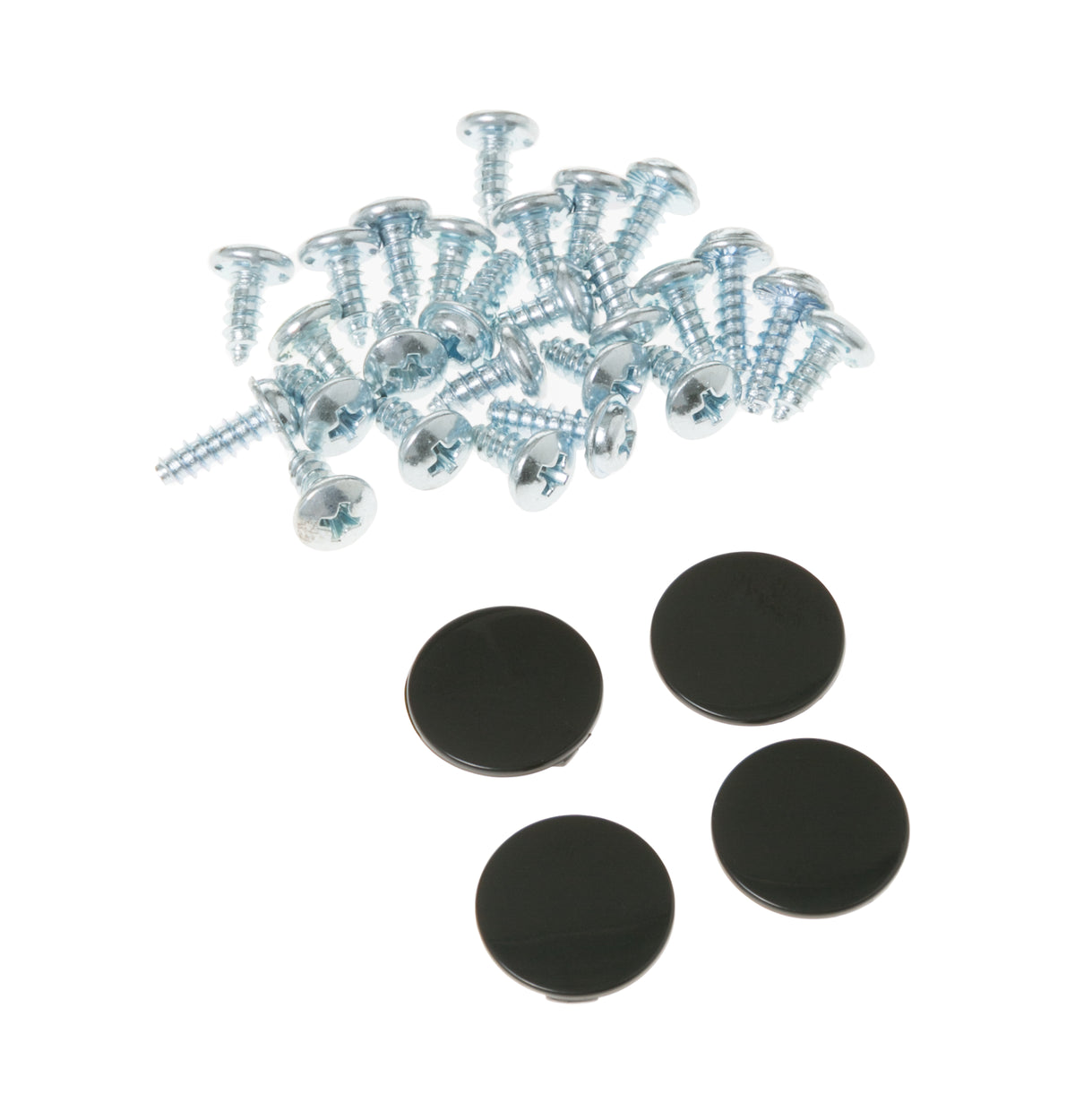 Set of silver screws and four black plastic caps for appliance installation in kitchenware and home improvement collections