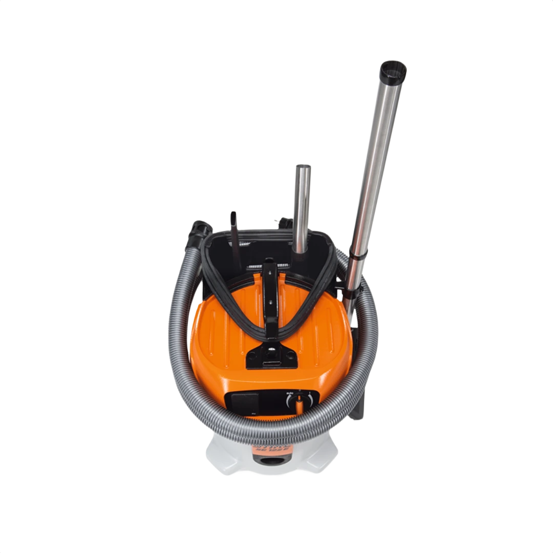 Top view of an orange and black professional wet and dry vacuum with flexible hose and metal extension tubes for home improvement tasks