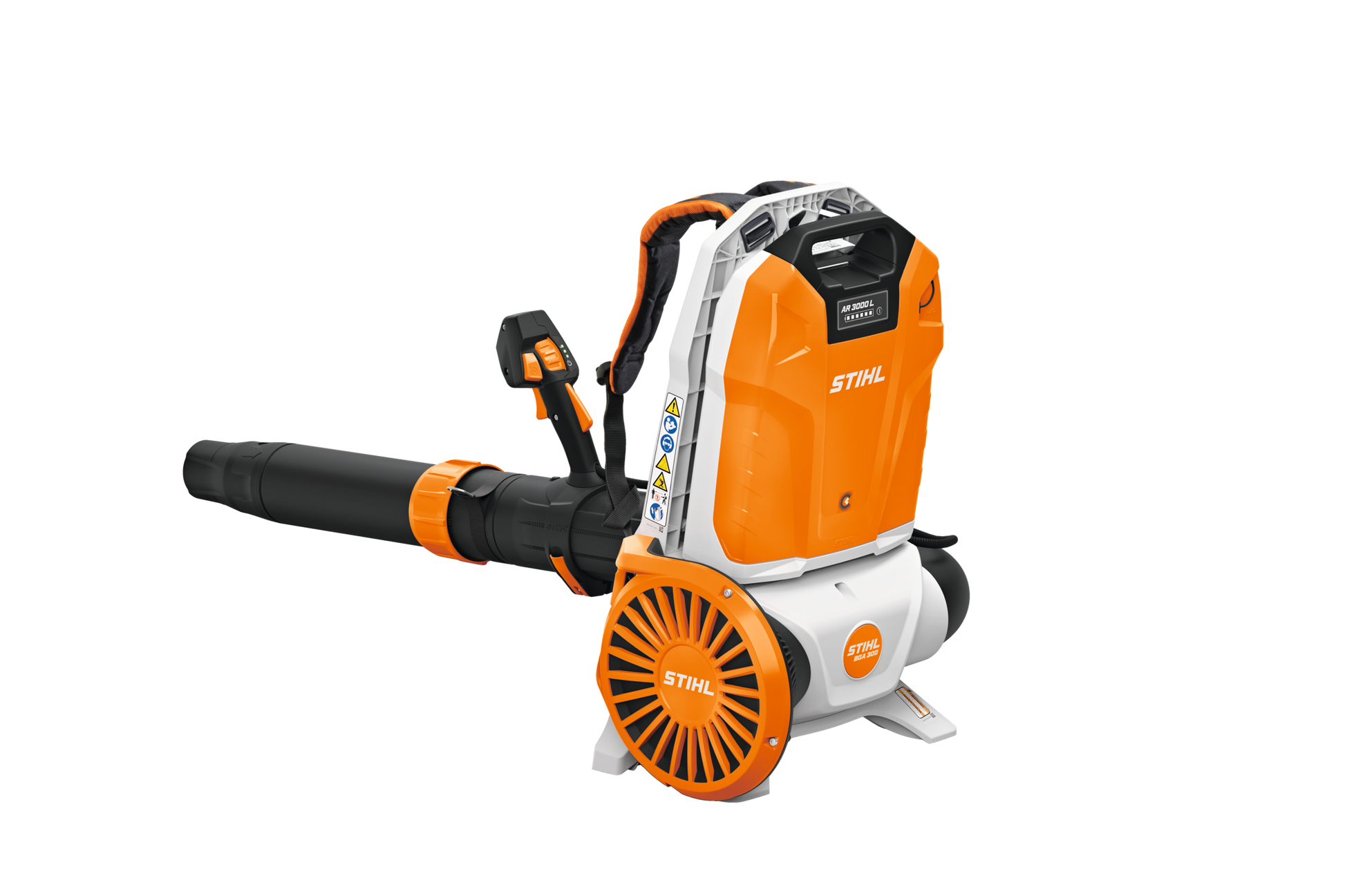 Orange and white backpack-style battery blower with ergonomic handle and wide nozzle for outdoor cleanup and home improvement tasks