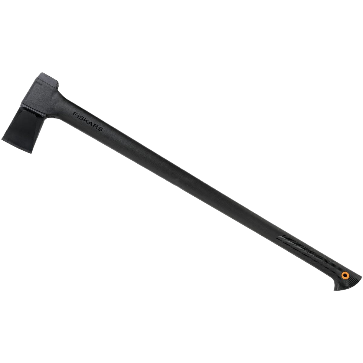 Long-handled black splitting axe with durable Duraframe handle and protective sheath for outdoor wood cutting tasks