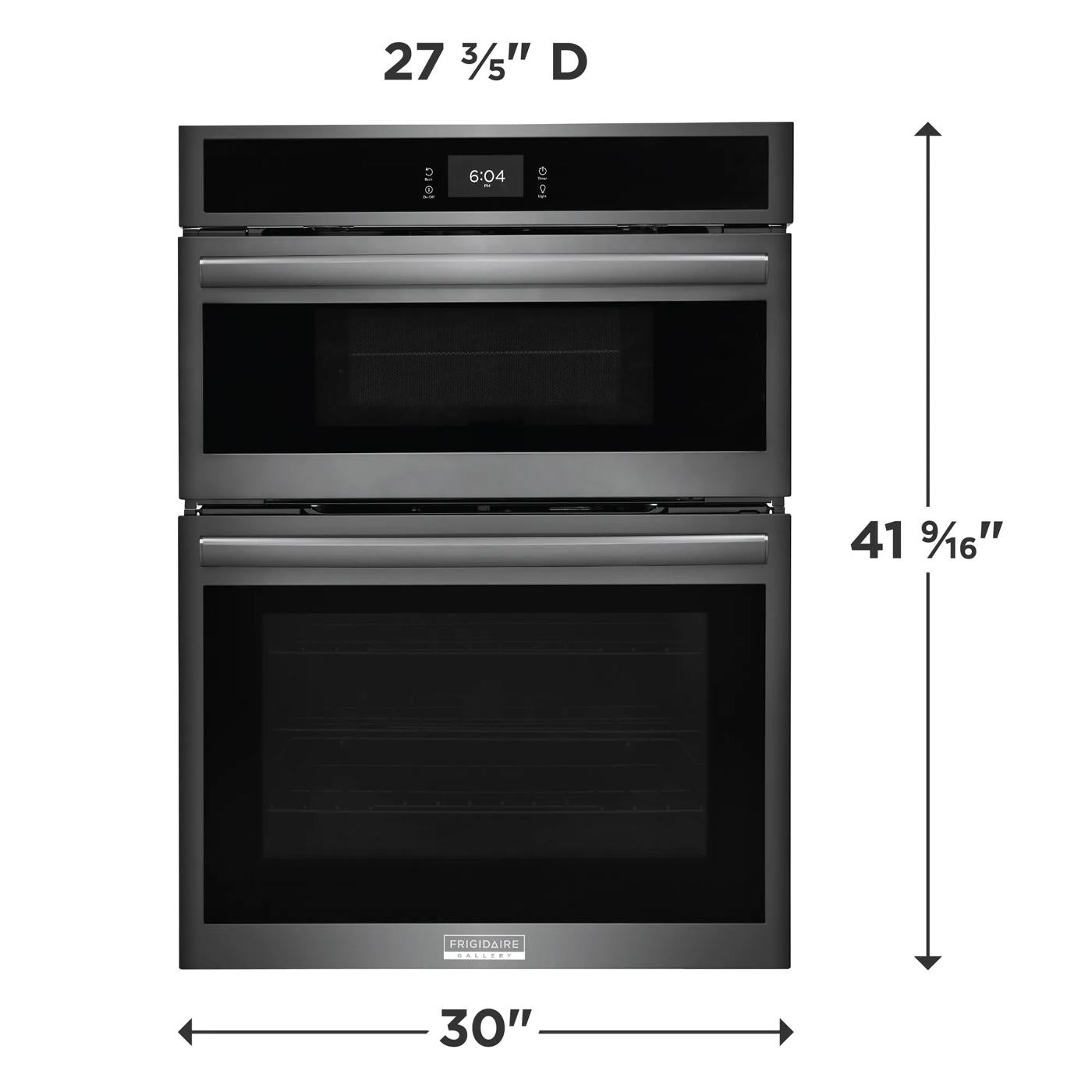 Front view of a dark stainless steel electric wall oven and microwave combo with control panel and dimension markings