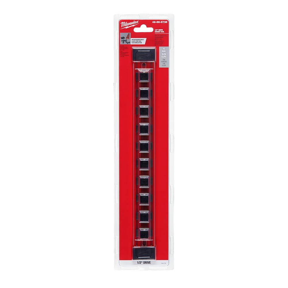 Milwaukee 1/2" drive socket rail with metal adjustable ball detent clips for tool storage and workshop organization under 50 dollars